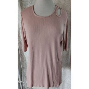 T69 Worthington ribbed knit pink top elbow length sleeve cut out shoulder Sz XXL